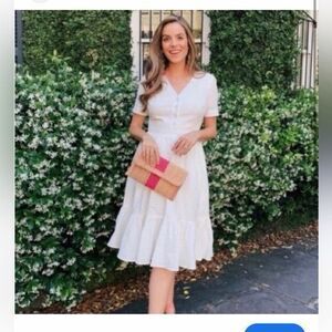 GAL MEETS GLAM Women’s White Short Sleeve Angela Button Front Midi Dress Size Sm